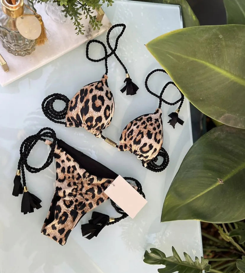 Soft Periwinkle Triangle Bikini Set with Two-Tone Twisted Rope and Tassel Details