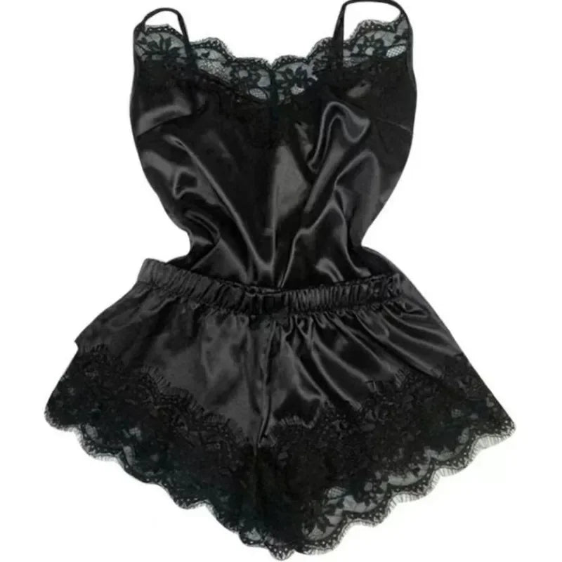 Women's Satin Lace Pajama Set with V-Neck Camisole Top, Matching Shorts, Delicate Lace Trim and Spaghetti Straps