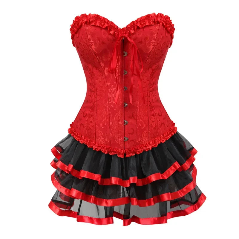 Ruffle Hem Overbust Corset Dress with Lace-Up Front and Layered Skirt