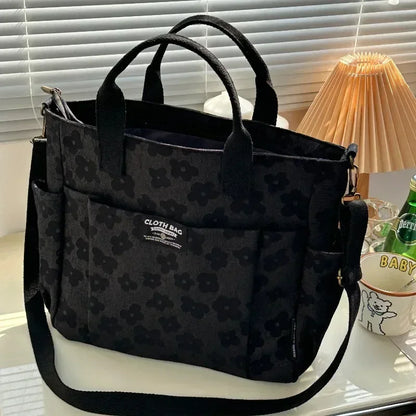 Textured Floral Pattern Utility Tote Bag with Multi Pocket Storage