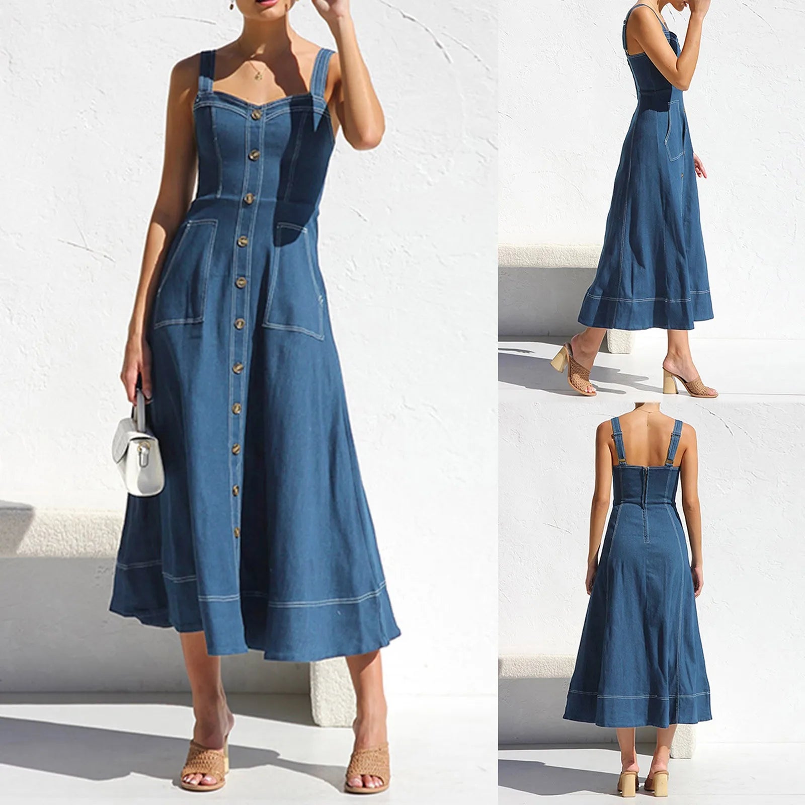 Button Front Denim Midi Dress with Structured Bodice and Adjustable Straps