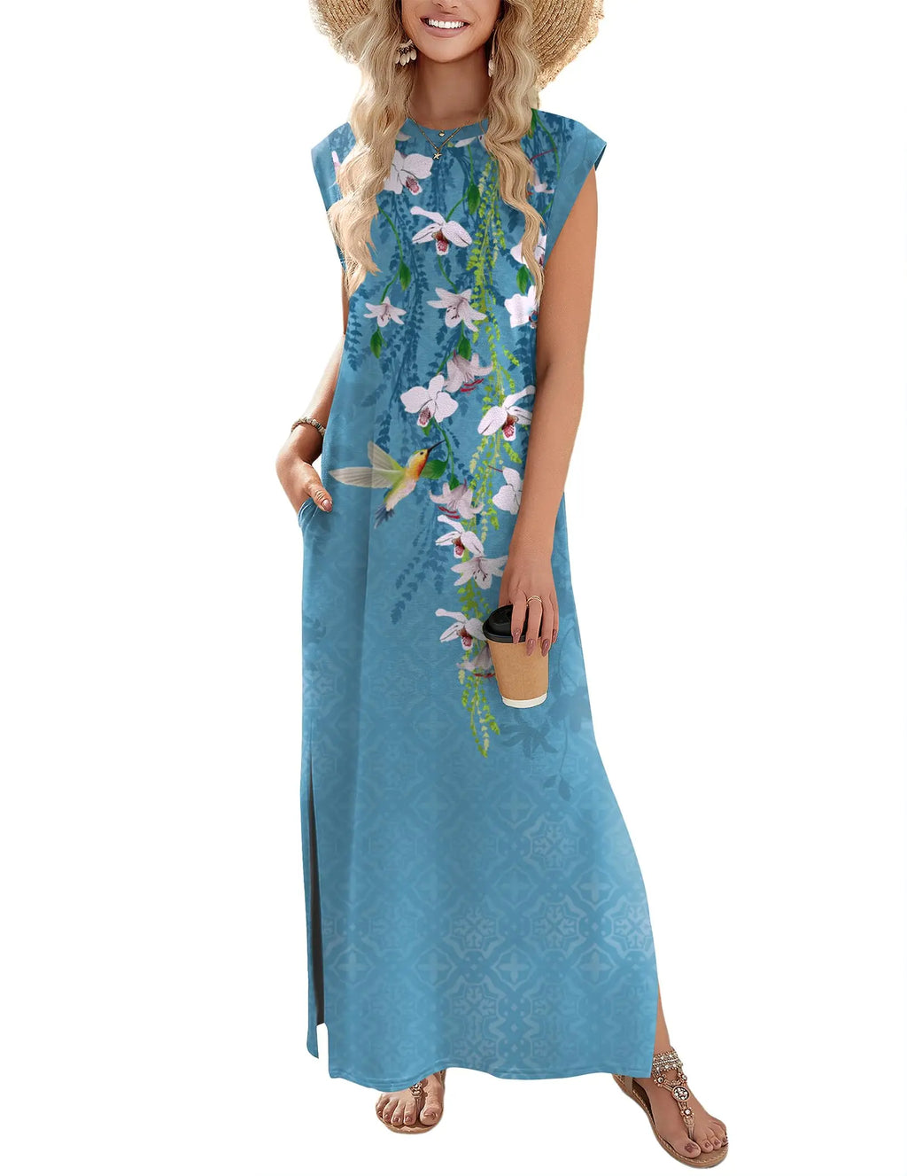 Loose Fit Sleeveless Floral Maxi Dress with Pockets for Casual Styling