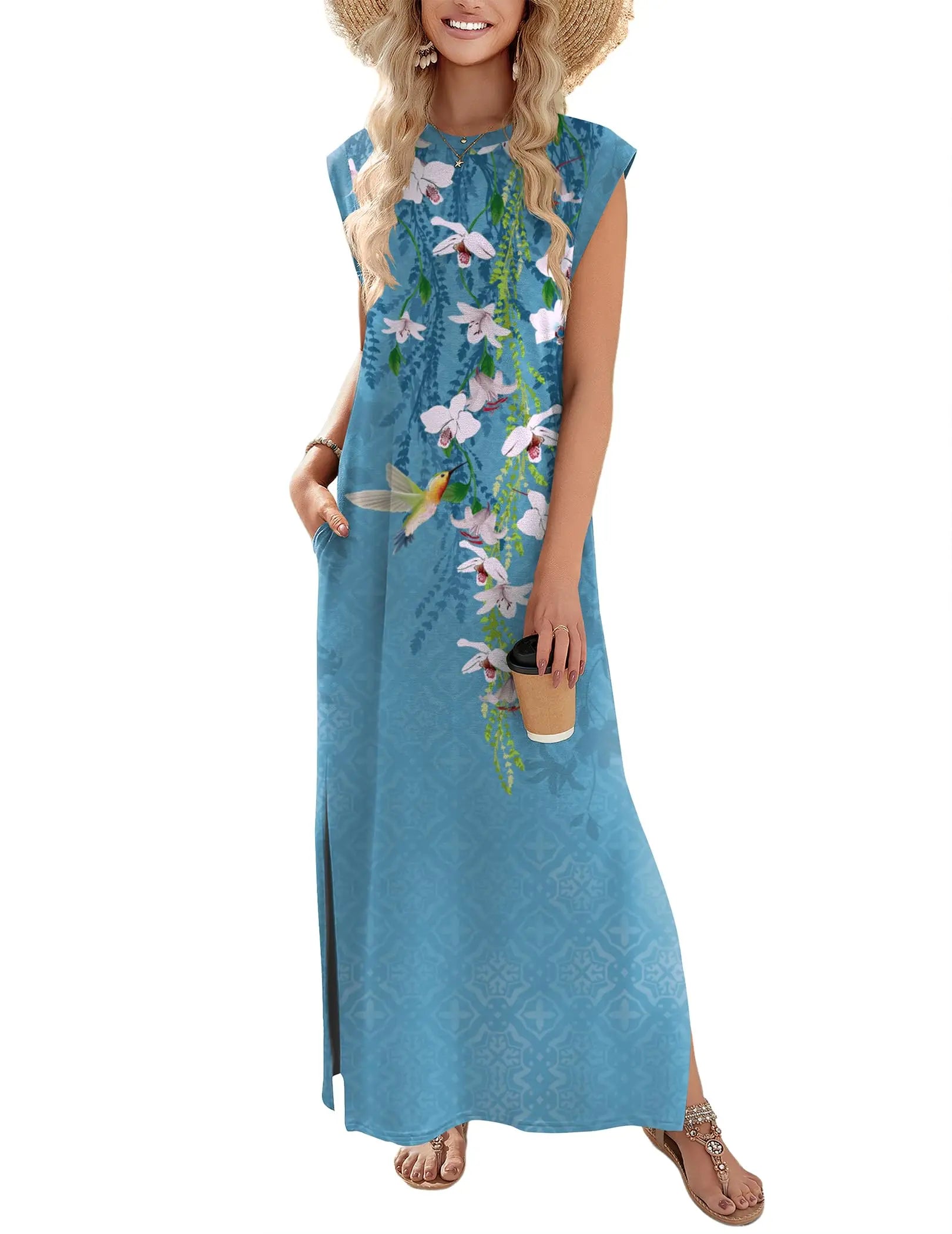 Loose Fit Sleeveless Floral Maxi Dress with Pockets for Casual Styling