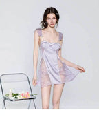 Ethereal Ivory Two-Piece Sleepwear Set with Lace-Paneled Chemise and Sheer Long-Sleeve Robe