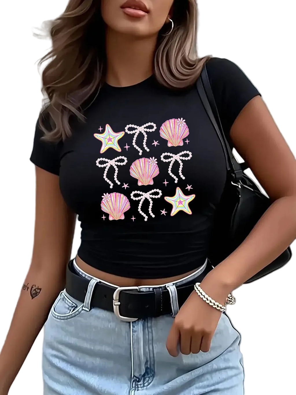 Women's Graphic Cropped Short Sleeve Streetwear Tee with Regular Fit Casual Everyday Style