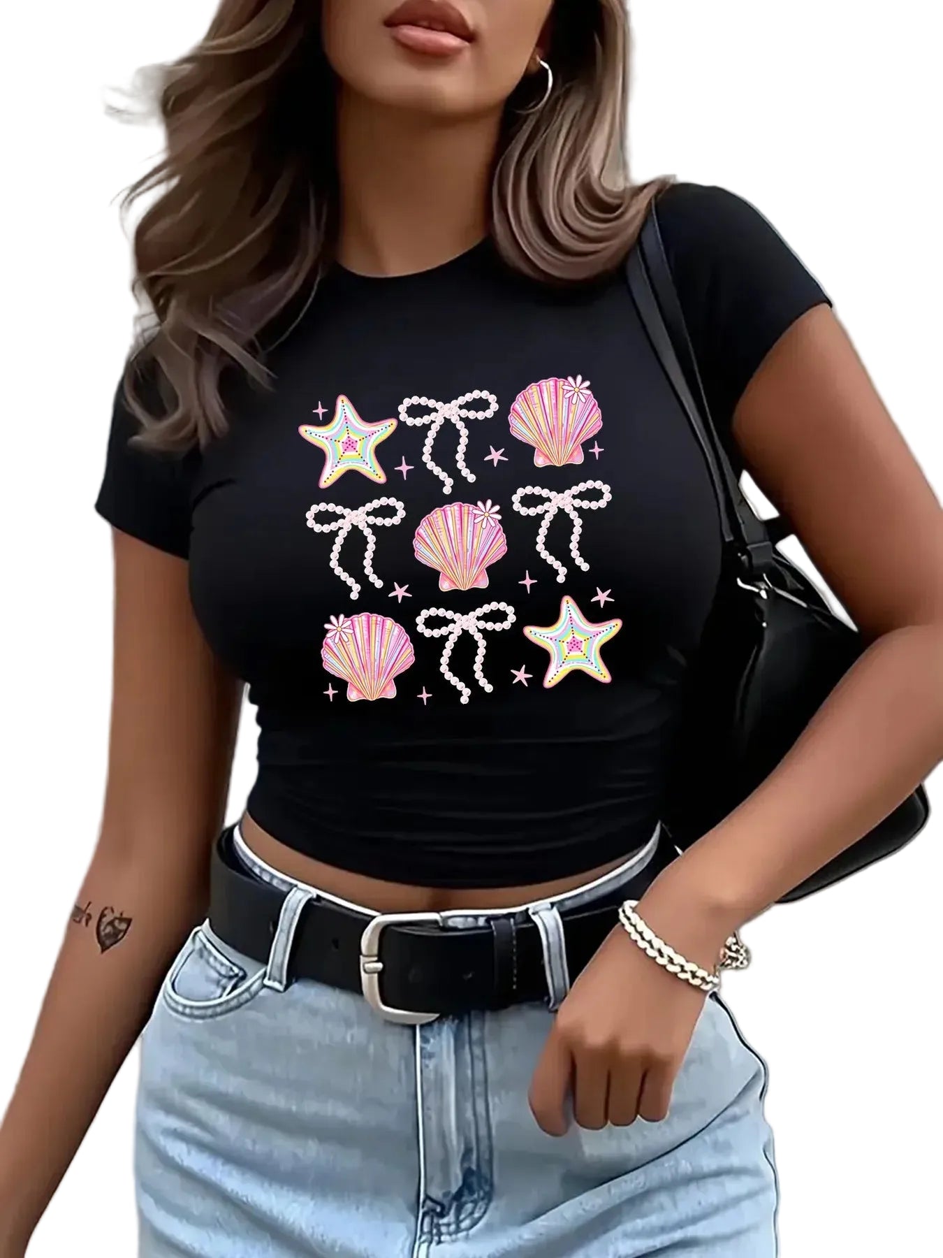 Women's Graphic Cropped Short Sleeve Streetwear Tee with Regular Fit Casual Everyday Style