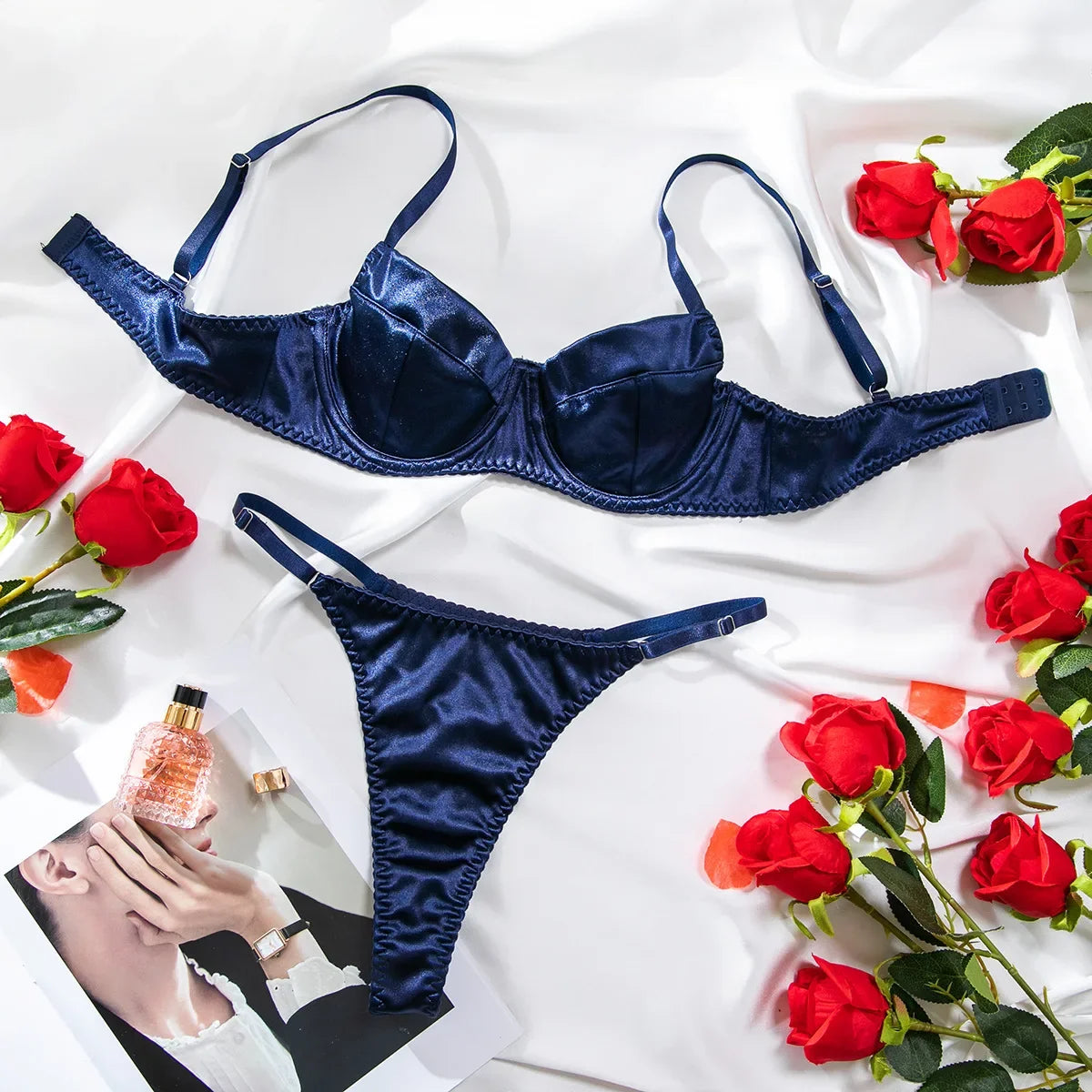 Lustrous Ruched Satin Demi Bra and Minimalist String Thong Set