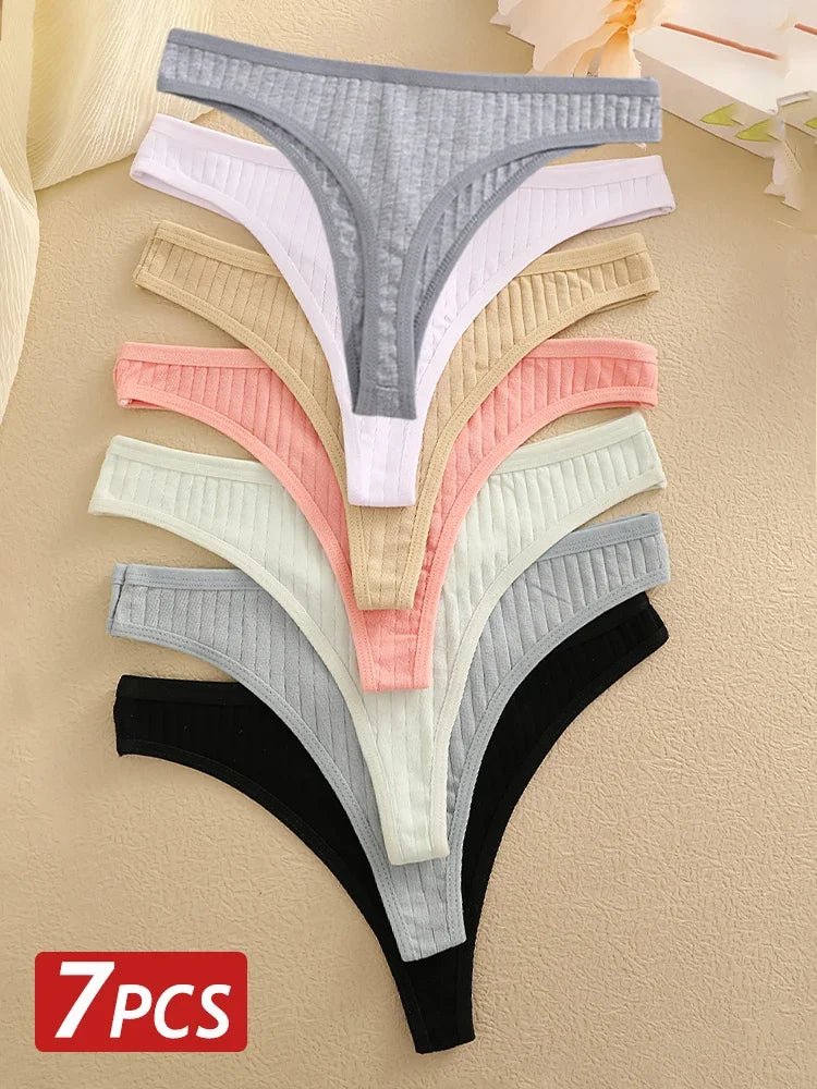 7-Piece Women’s Ribbed Low-Rise Thong Set with Solid Colors, Minimal G-String Silhouette and Soft Everyday Styling