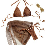 Earthy Textured Three-Piece Triangle Bikini Set with Cowrie Shell Accents and Net Skirt