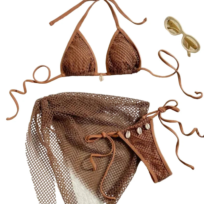 Earthy Textured Three-Piece Triangle Bikini Set with Cowrie Shell Accents and Net Skirt