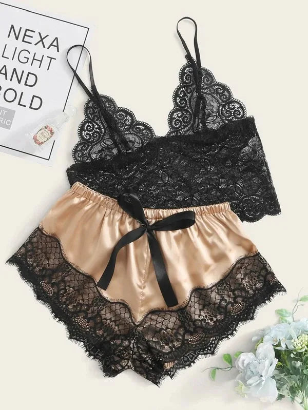Romantic Sheer Black Lace Bralette and Blush Satin-Finish Shorts Sleep Set