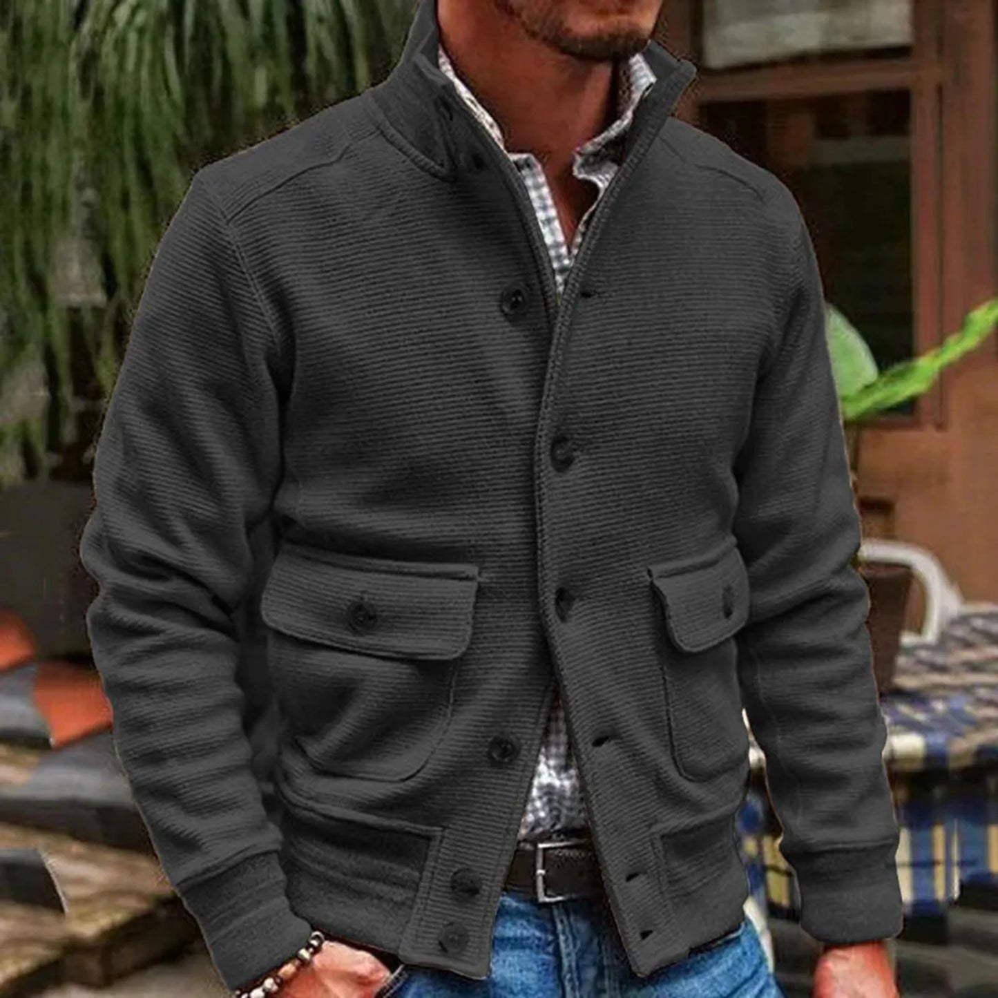 Men's Knit Button Front Cardigan Jacket with Utility Pockets for Contemporary Casual Streetwear