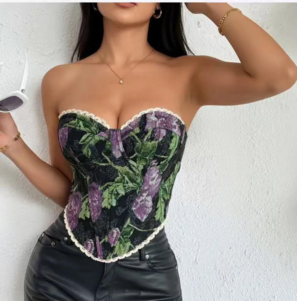 Vintage-Inspired Floral Print Strapless Corset with Scalloped Lace Trim