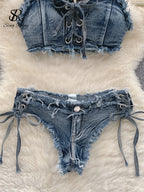 Y2K-Inspired Frayed Denim Halter Bikini Top and Lace-Up Short Set