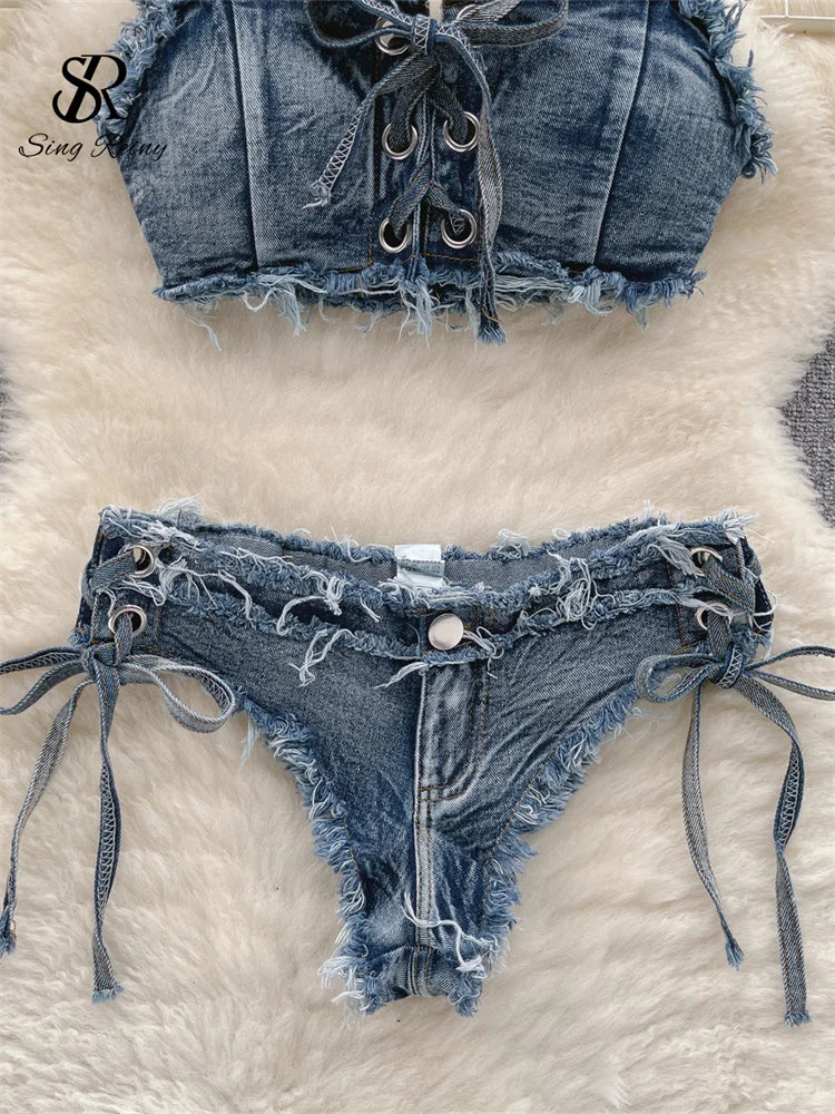Y2K-Inspired Frayed Denim Halter Bikini Top and Lace-Up Short Set