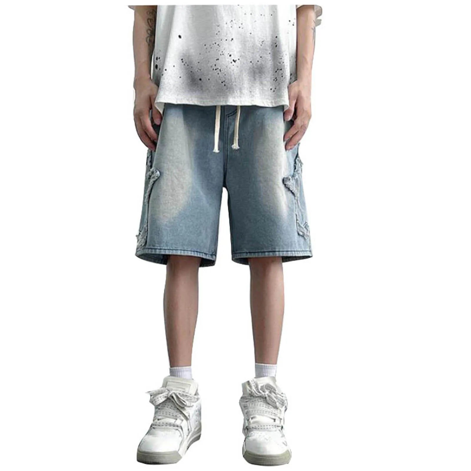 Light Wash Denim Shorts with Relaxed Straight Leg and Casual Streetwear Fit
