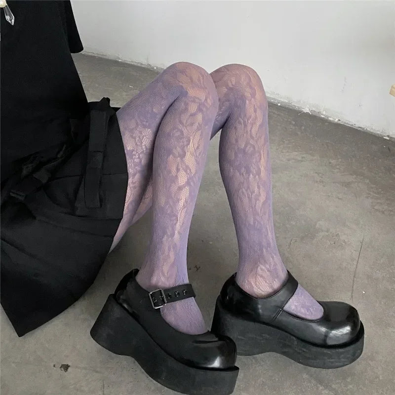 Floral Embroidered Mesh Stockings with Sheer Lace Pattern for Contemporary Streetwear Styling