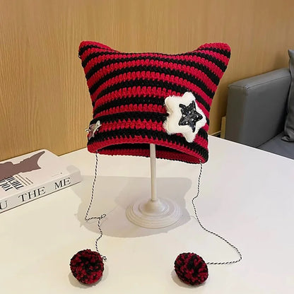 Striped Pointed Knit Beanie with Ear Accents for Playful Streetwear Winter Fashion Style