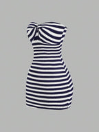 Striking Red and White Striped Strapless Bodycon Tube Dress