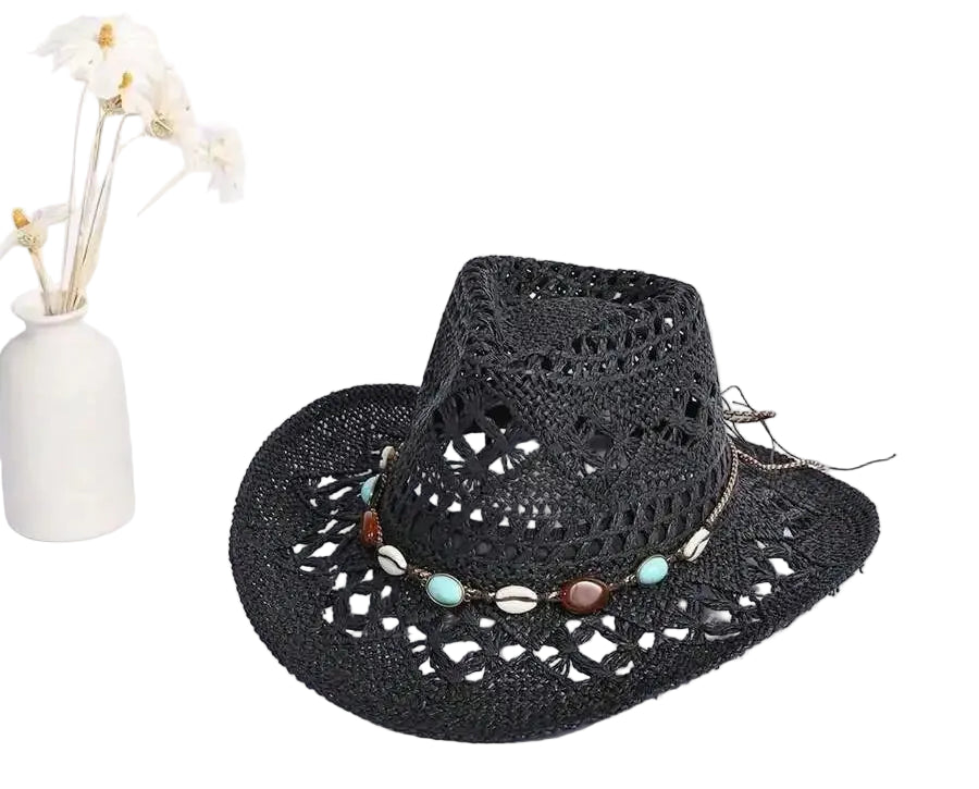 Hollow Woven Straw Cowboy Hat with Decorative Beaded Band for Outdoor Summer Adventures