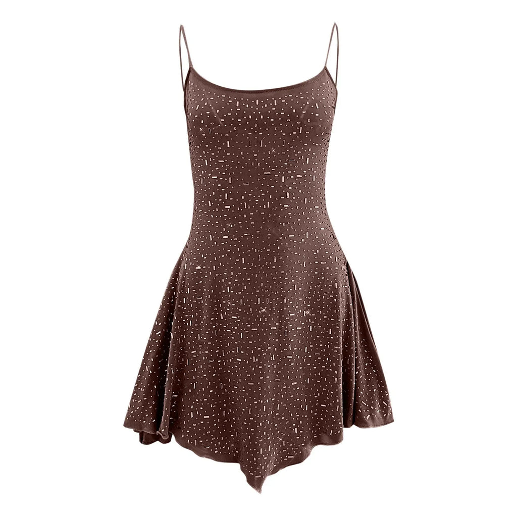 Sparkle Embellished Sleeveless Mini Dress With Flared Skater Inspired Silhouette