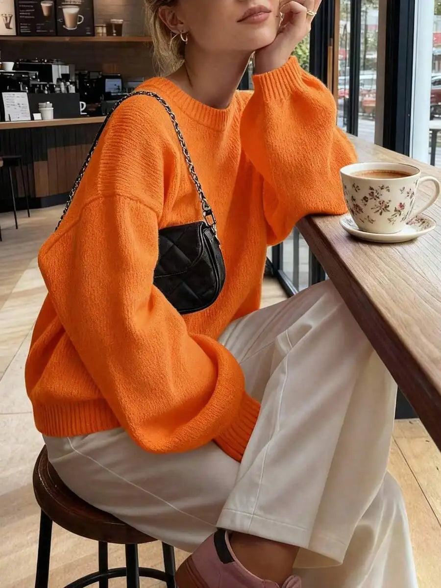Women's Minimalist Crew Neck Knit Sweater with Relaxed Long Sleeve Silhouette