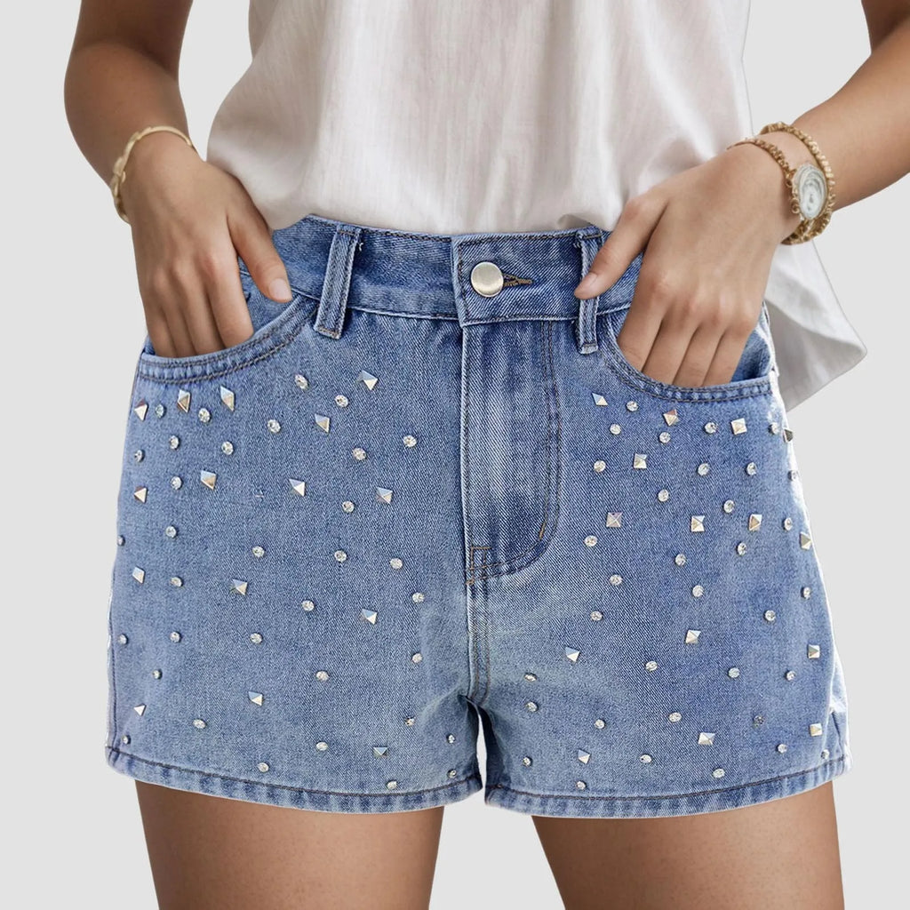 Women's High Waist Denim Style Shorts with Decorative Stud Details and Everyday Casual Fit