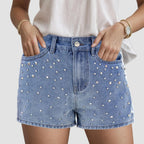 Women's High Waist Denim Style Shorts with Decorative Stud Details and Everyday Casual Fit