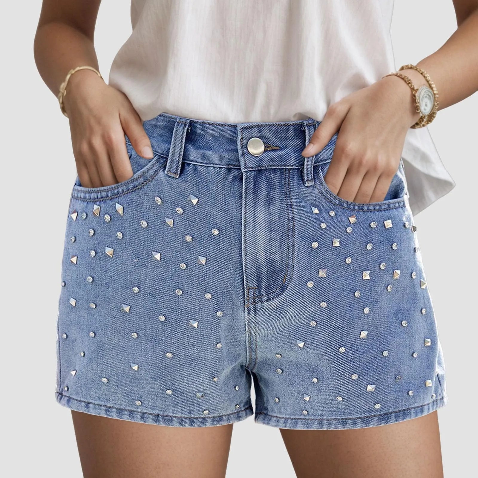 Women's High Waist Denim Style Shorts with Decorative Stud Details and Everyday Casual Fit