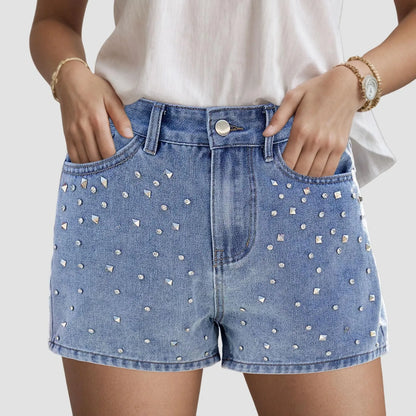 Women's High Waist Denim Style Shorts with Decorative Stud Details and Everyday Casual Fit