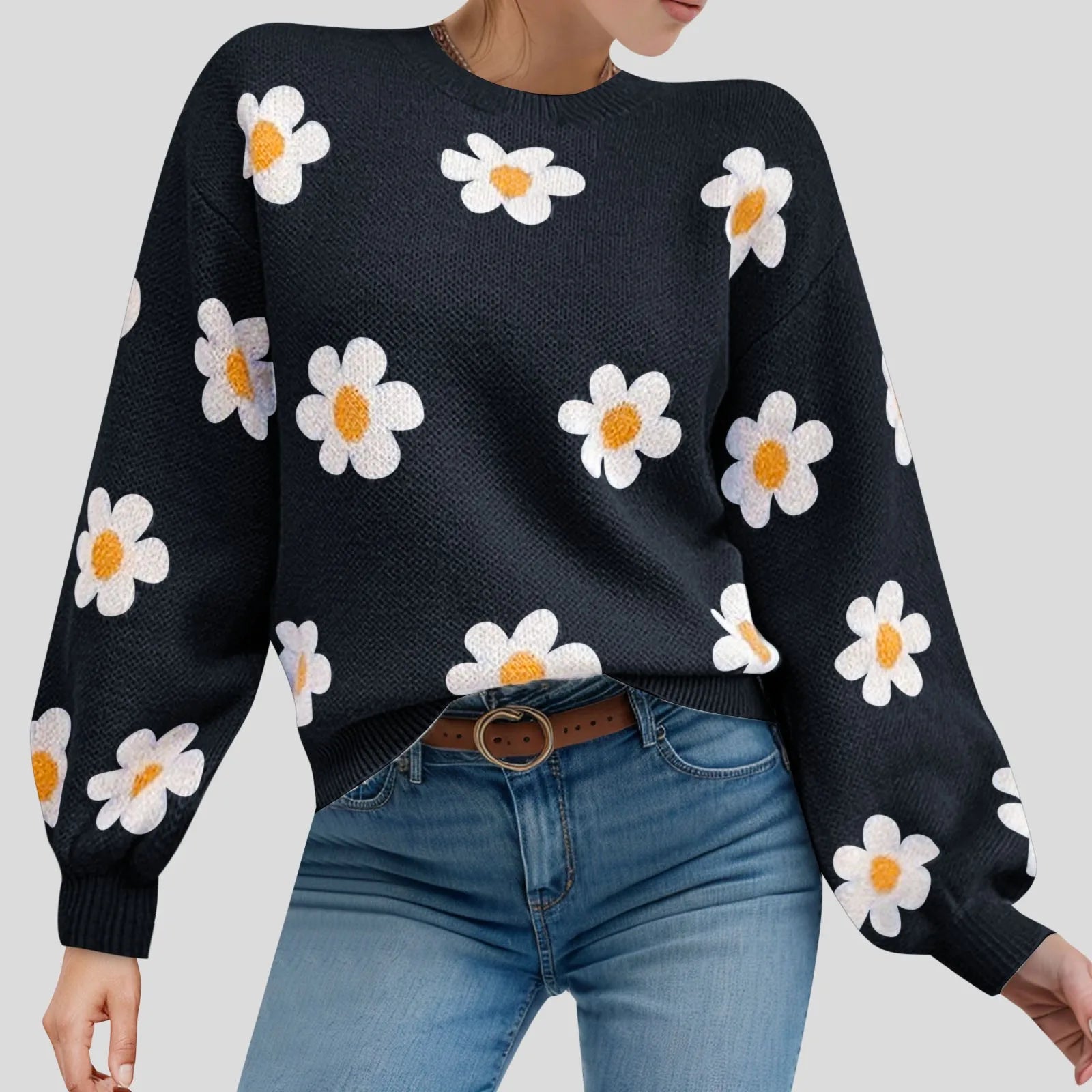 Floral Pattern Knit Pullover Sweater with Ribbed Trim and Relaxed Fit