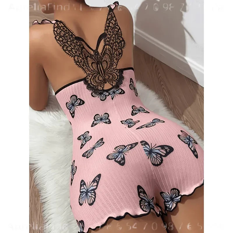 Playful Butterfly Print Sleepwear Romper with Ruffled Straps and Lace Back Detail