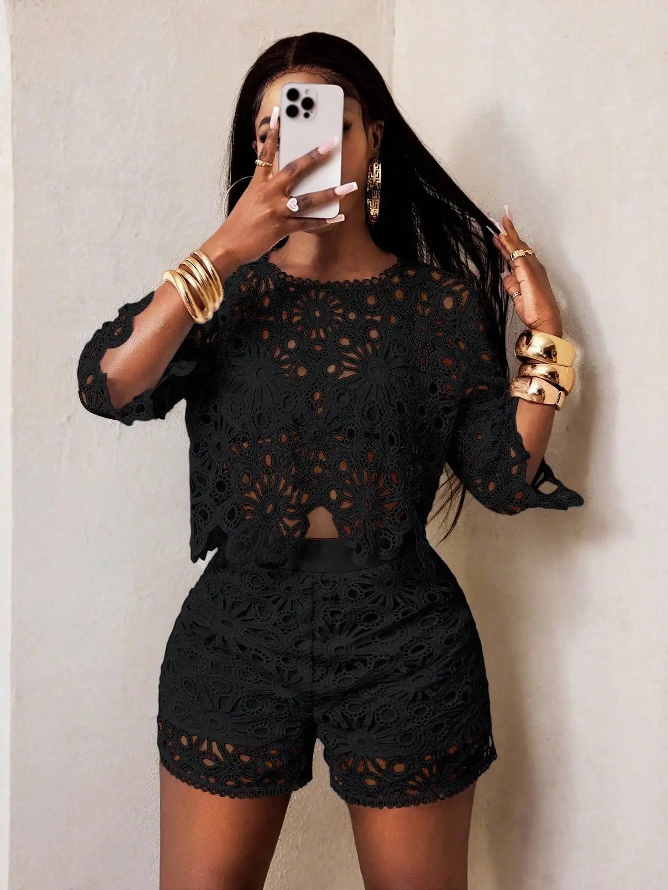 Lace Detail Top and Shorts Statement Summer Co-Ord Set for Women