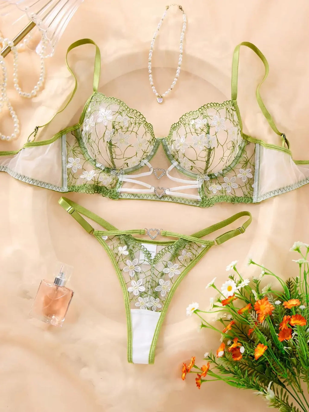 Ethereal Daisy Embroidered Sheer Mesh Underwire Bra and Thong Set