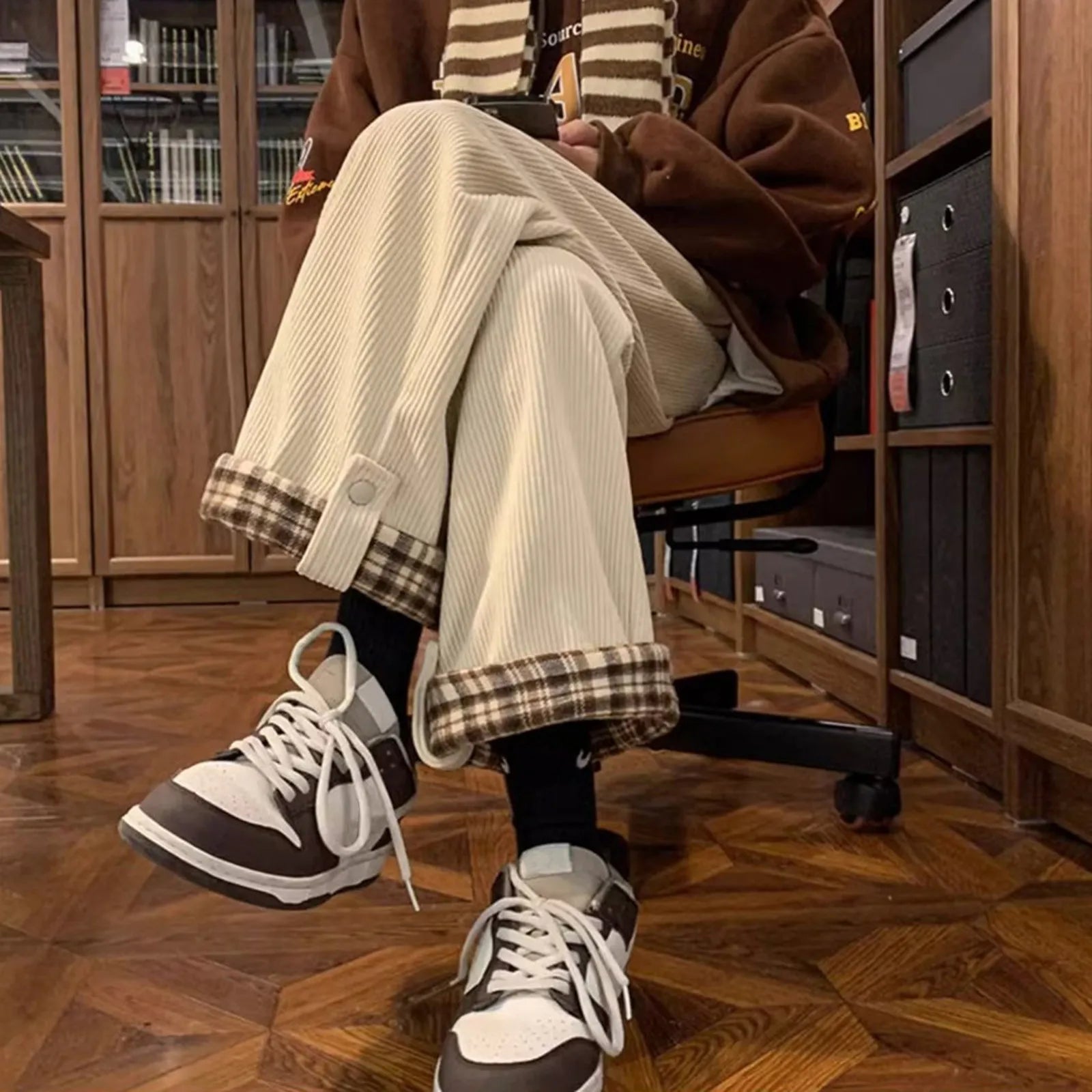 Men's Relaxed Straight Leg Corduroy Style Casual Trousers with Drawstring Waist