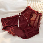 Women’s Wine-Red Lace Brief with Decorative Bow, Floral-Style Texture and Mid-Rise Feminine Lingerie Silhouette