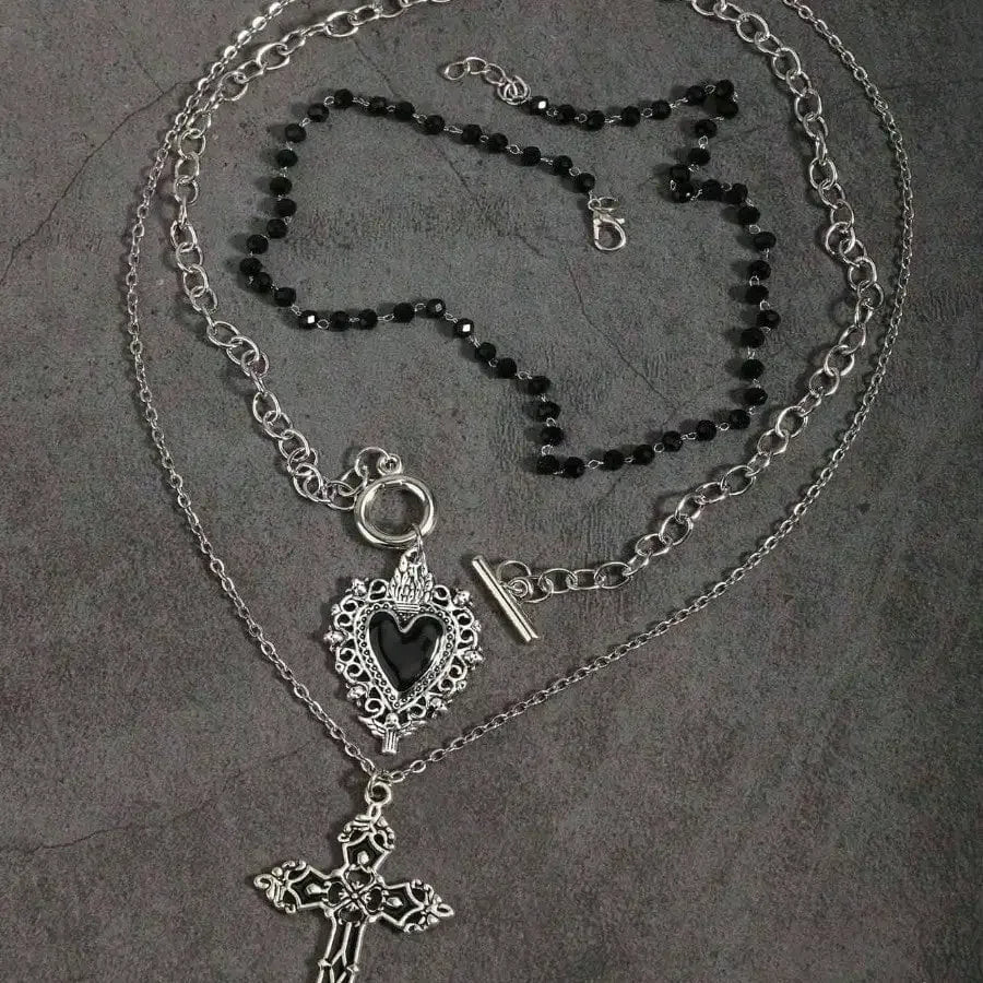 Layered Heart and Cross Necklace Set for Gothic Y2K Styling