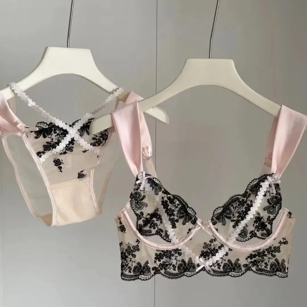 Rich Burgundy Floral Embroidery Push-Up Set with Contrast Strapping