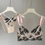 Rich Burgundy Floral Embroidery Push-Up Set with Contrast Strapping