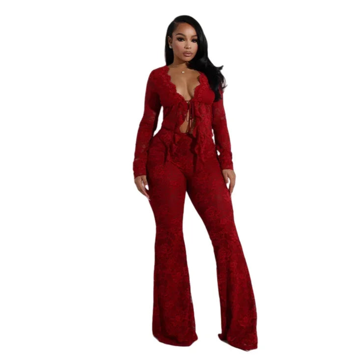 Women's Sheer Lace Shirt and Flare Pants Co-Ord Set