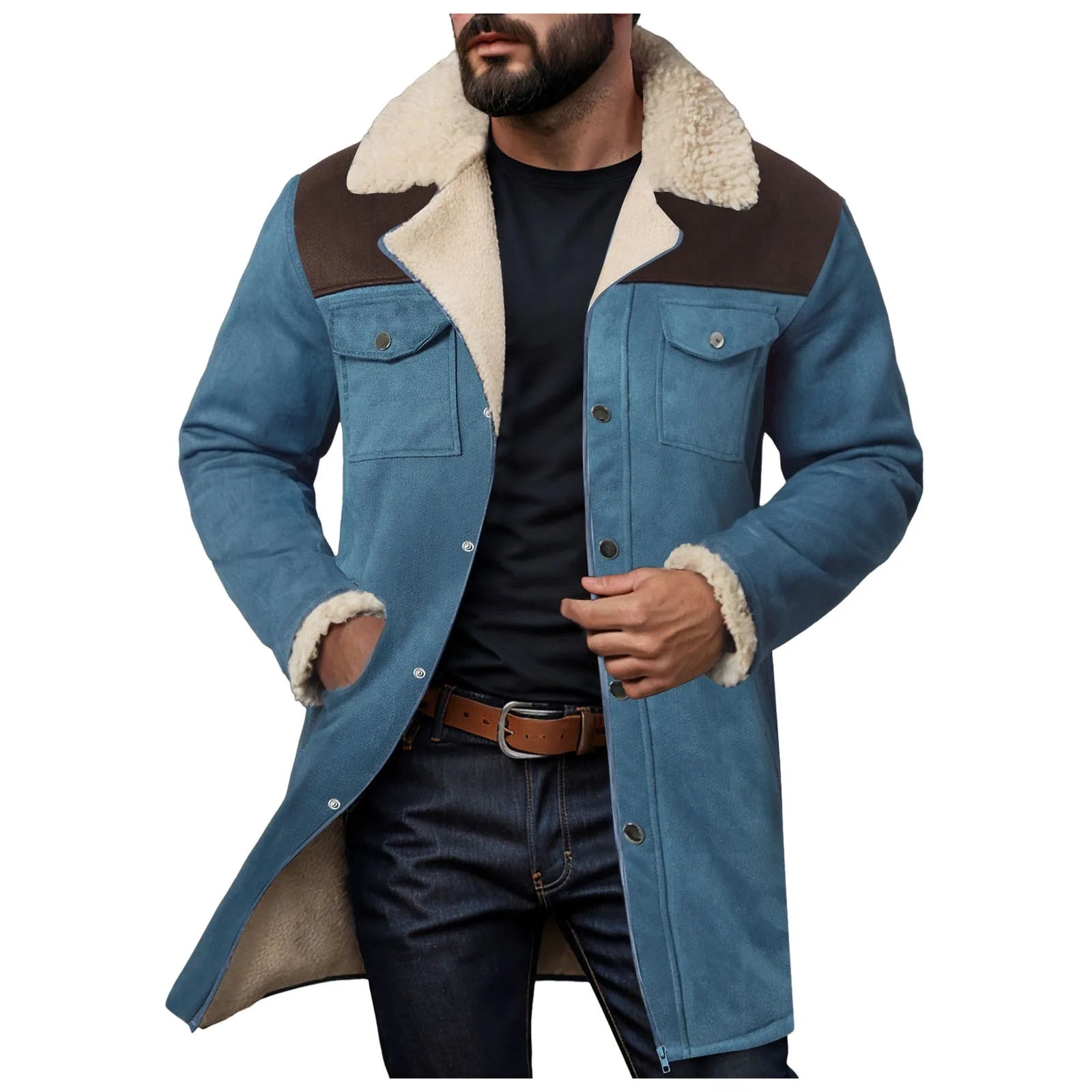 Men's Mid-Length Faux Suede Sherpa Collar Jacket with Utility Pockets for Vintage Streetwear Style