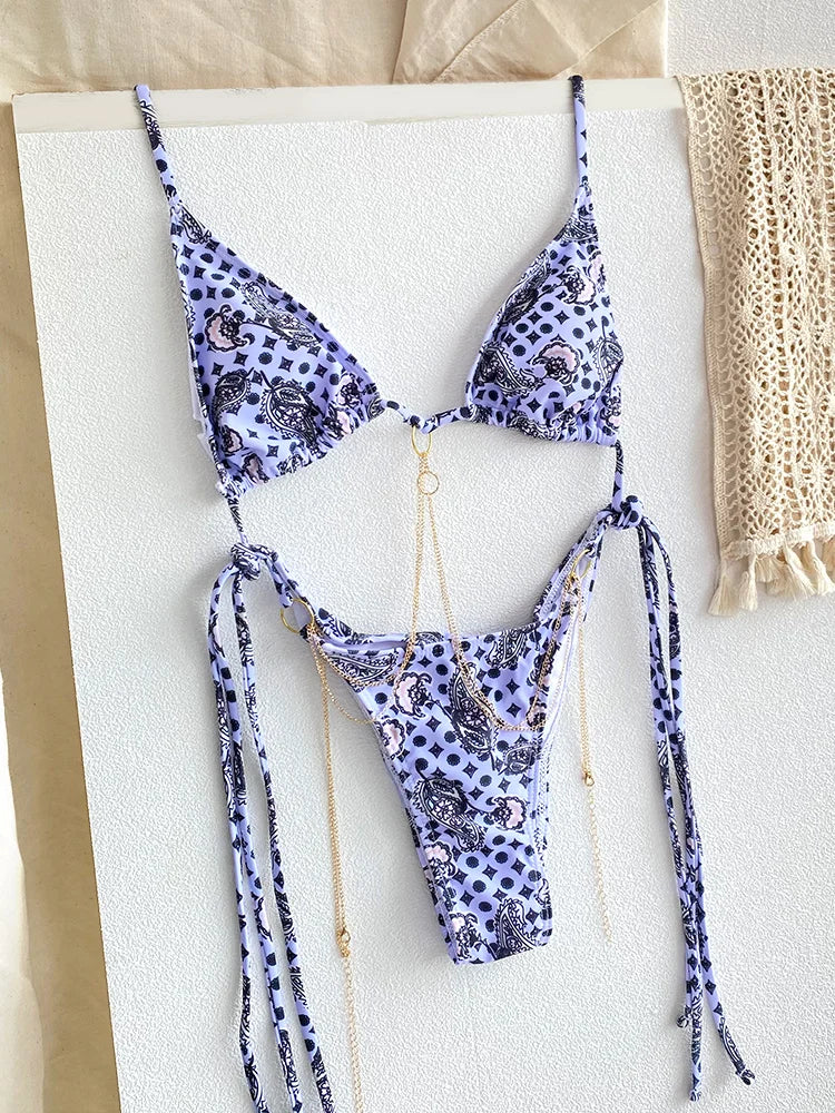 Vintage-Inspired Warm Floral Print Triangle String Bikini