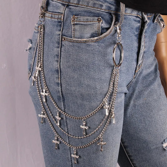 Layered Cross Pendant Waist Chain with Geometric Ring Accents for Alternative Styling