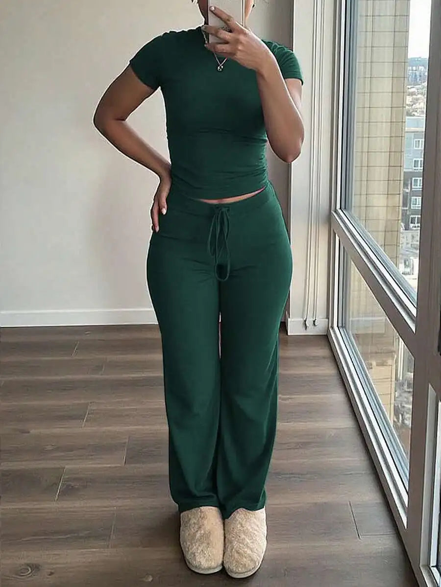 Women's Short Sleeve T-Shirt and Pants Co-Ord Set Relaxed Casual Outfit