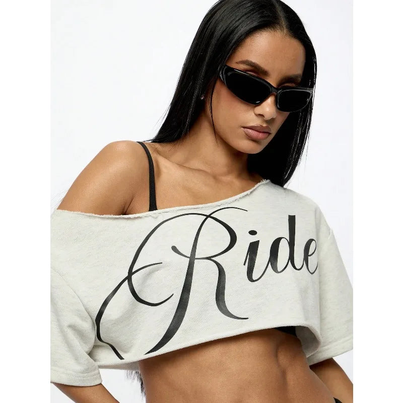 Women's Asymmetric Off Shoulder Graphic Crop T-Shirt for Modern Streetwear and Casual Everyday Style