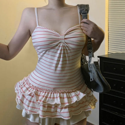 Striped Ruffle Camisole Tank Top with Slim Fit Vintage Summer Style