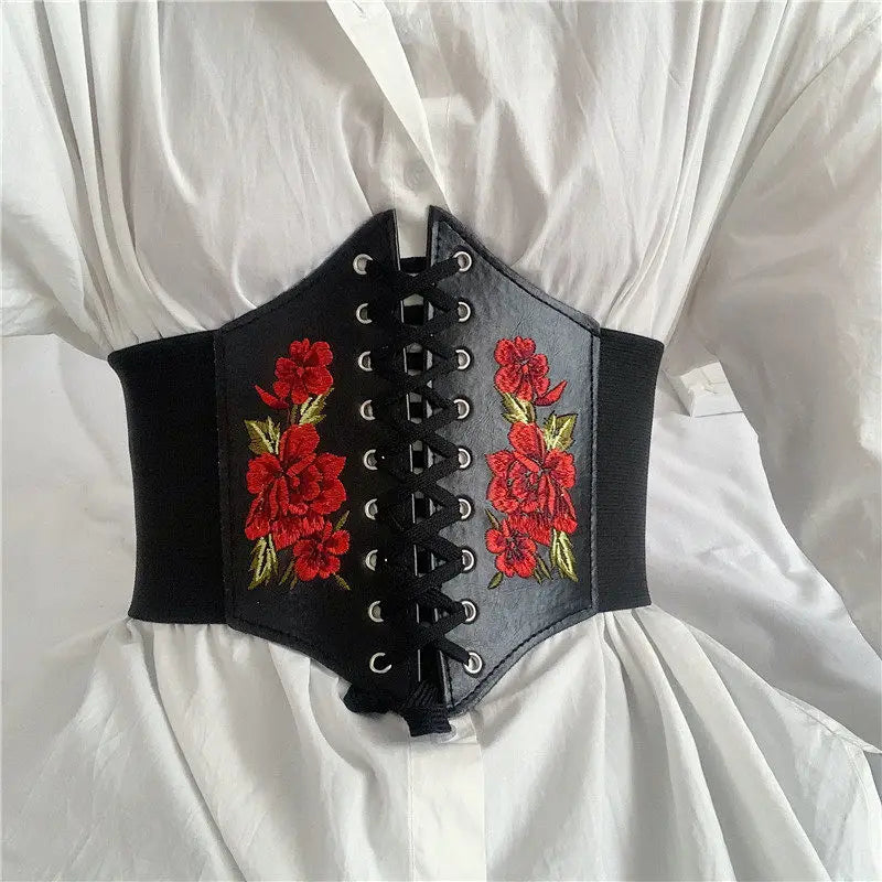 Embroidered Faux Leather Corset Belt with Wide Waist-Defining Silhouette