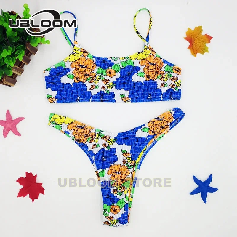 Vibrant Green Floral Underwire Bikini with Ruched Texture