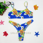 Vibrant Green Floral Underwire Bikini with Ruched Texture