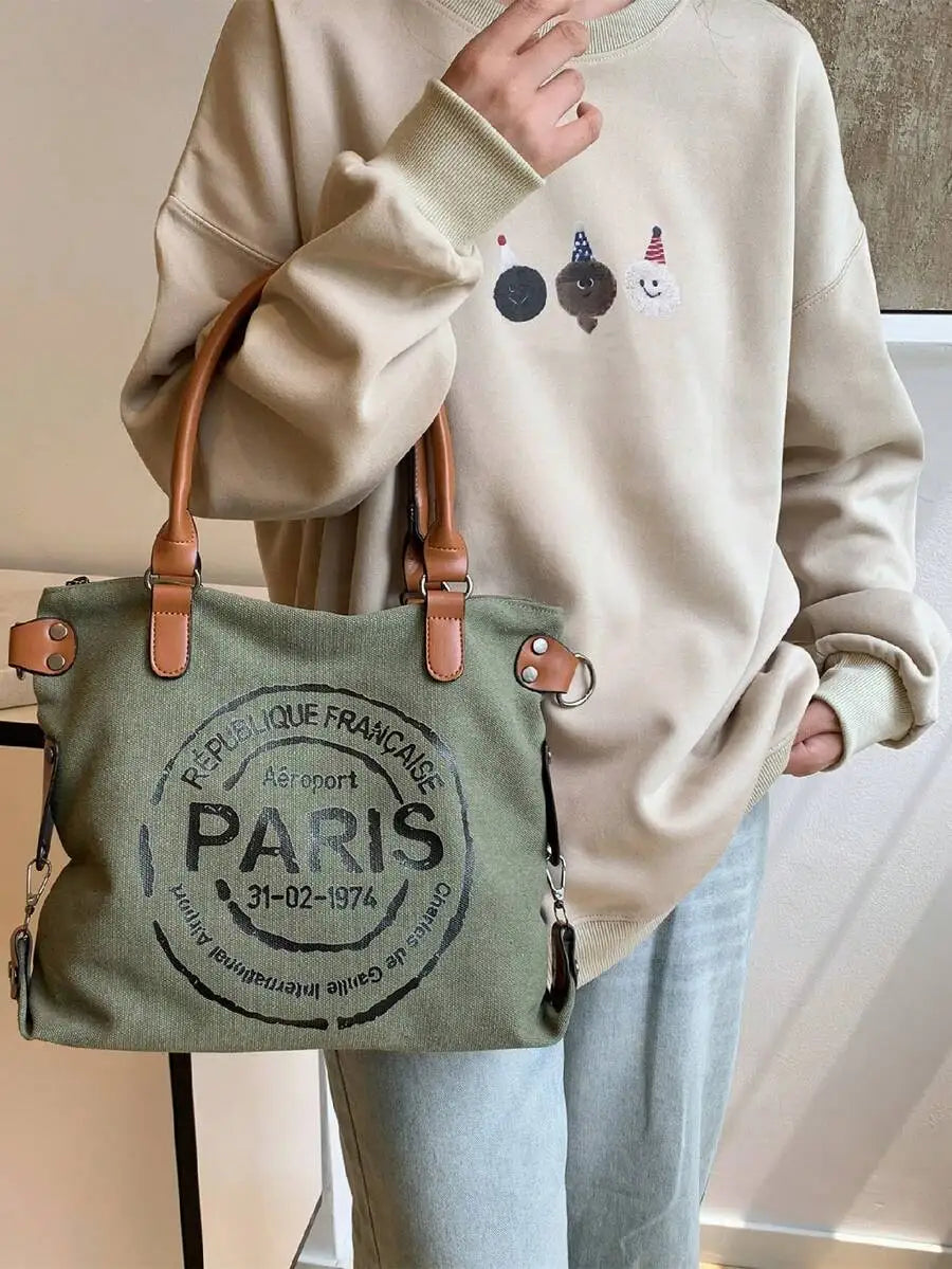 Vintage Inspired Canvas Tote Crossbody Bag with Graphic Print Design
